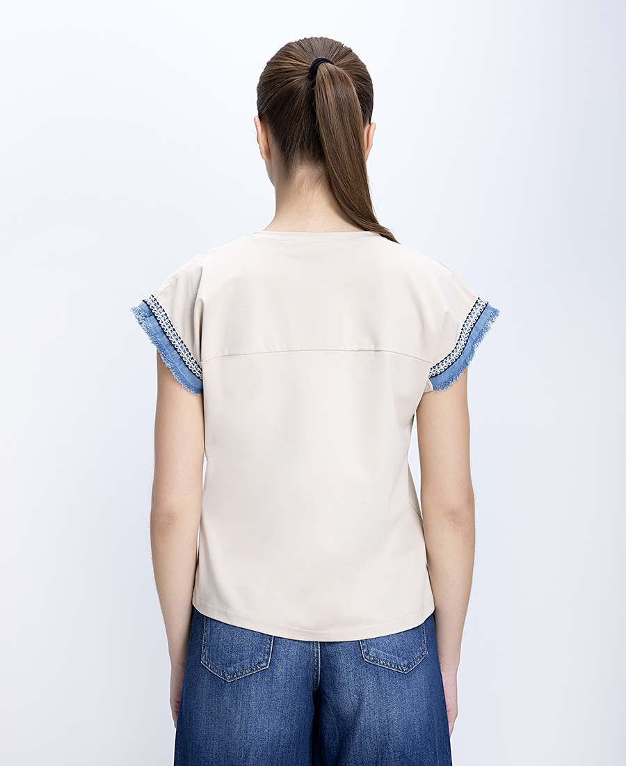 Laura Donini Γυναικεία Βαμβακερή Μπλούζα Με Denim Λεπτομέρειες Στα Μανίκια - 3