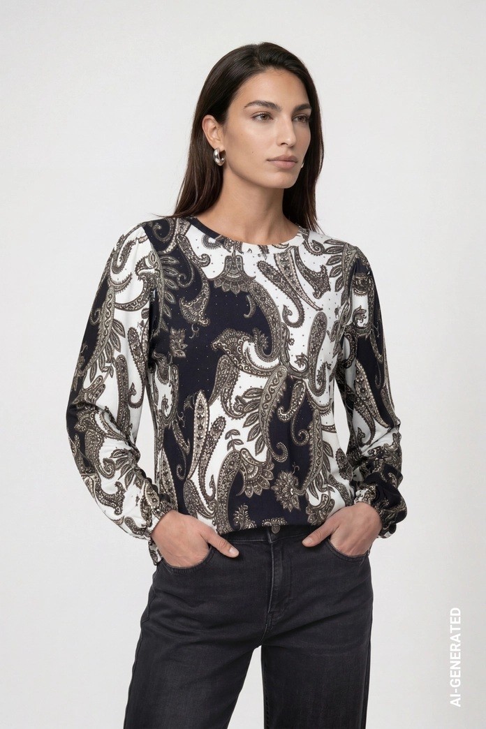 Monari Γυναικεία Μπλούζα Εμπριμέ Regular Fit Με Paisley Μοτίβο Και Strass Για Elegant Casual Εμφανίσεις