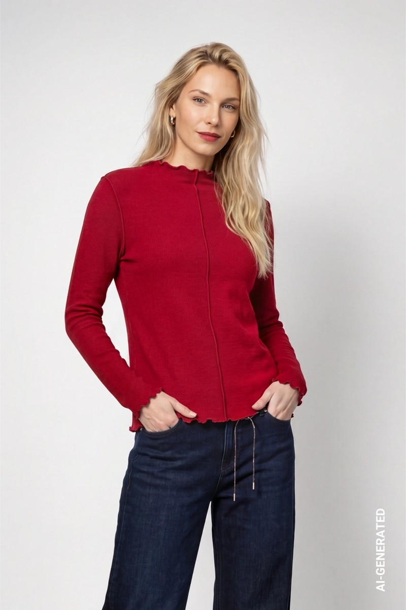 Monari Γυναικεία Red Dahlia Μονόχρωμη Μπλούζα Regular Fit Με Βισκόζη Fluffy Υφή Γιακά Μάο Και Κυματιστό Τελείωμα Για Elegant Casual Εμφανίσεις