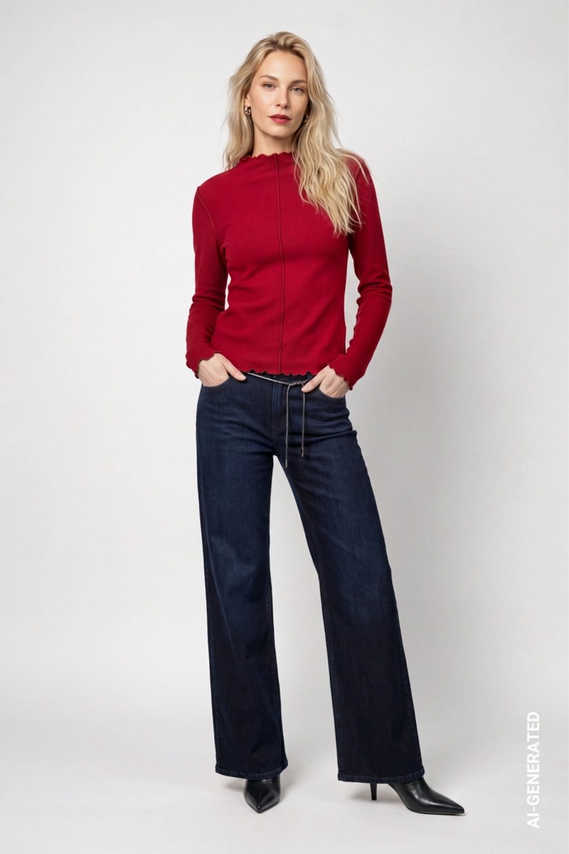 Monari Γυναικεία Red Dahlia Μονόχρωμη Μπλούζα Regular Fit Με Βισκόζη Fluffy Υφή Γιακά Μάο Και Κυματιστό Τελείωμα Για Elegant Casual Εμφανίσεις
