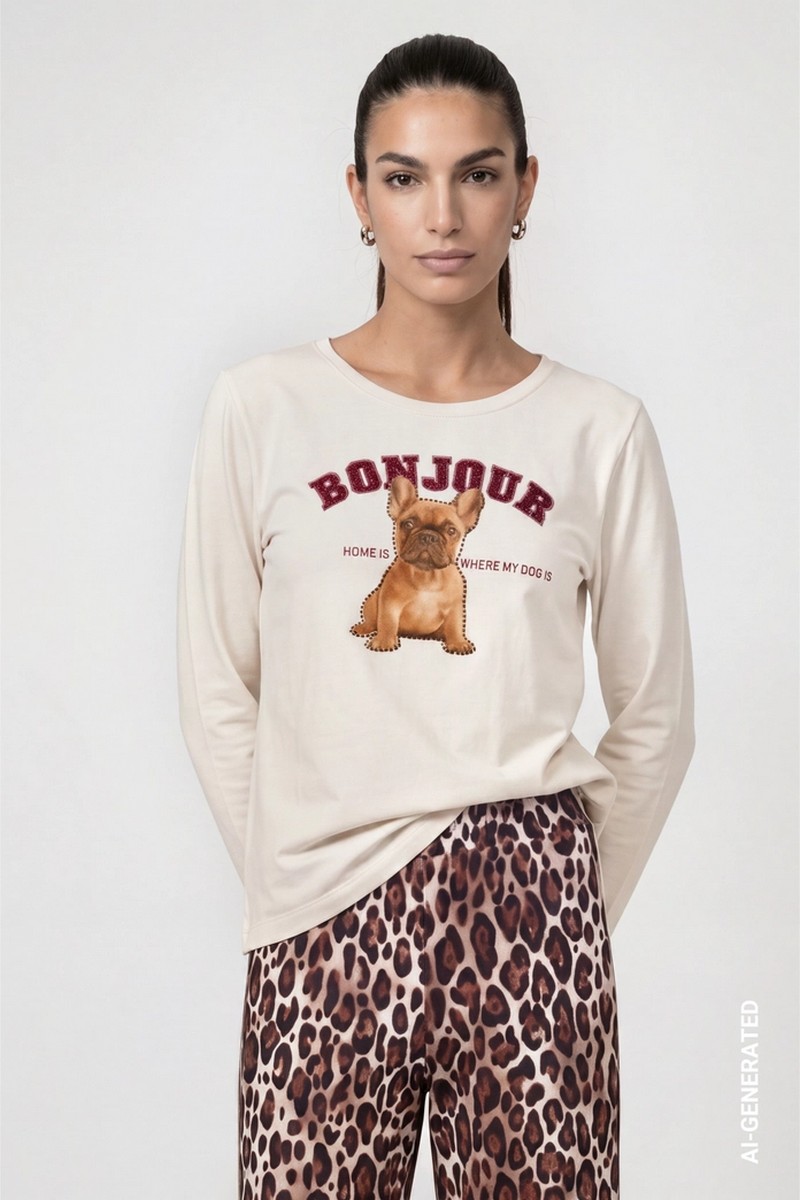 Monari Γυναικεία Antique White Εμπριμέ Μπλούζα Regular Fit Με Βισκόζη Bulldog Print Strass Και Στρογγυλή Λαιμόκοψη Για Casual Εμφανίσεις