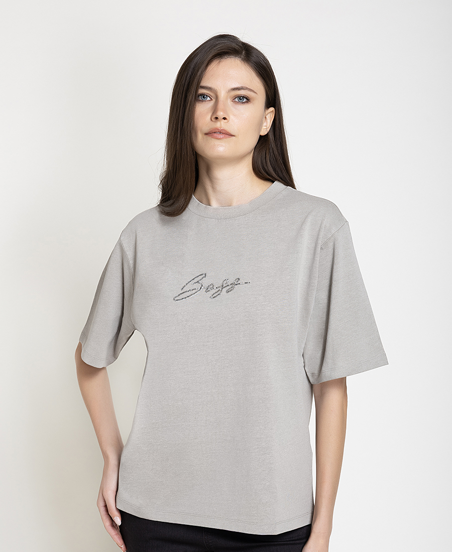 Boss Γυναικείο Βαμβακερό T-Shirt Με Logo Από Strass Regular Fit Για Smart Casual Εμφανίσεις