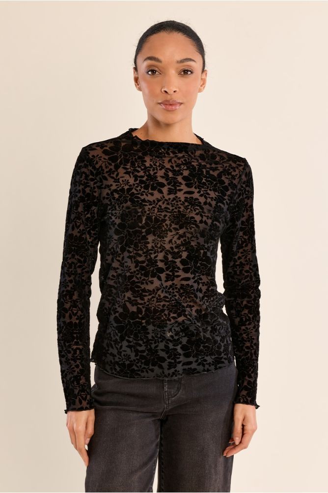 Molly Bracken Γυναικεία Ημιδιάφανη Μαύρη Μπλούζα Με Floral Velvet Μοτίβο Για Βραδινές & Formal Εμφανίσεις
