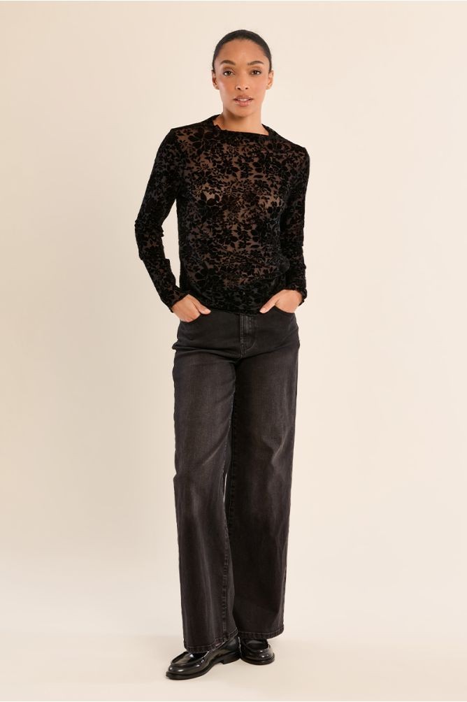 Molly Bracken Γυναικεία Ημιδιάφανη Μαύρη Μπλούζα Με Floral Velvet Μοτίβο Για Βραδινές & Formal Εμφανίσεις