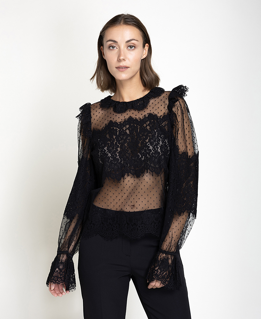 Paper Lace Γυναικεία Μαύρη Μπλούζα με Δαντέλα και Διαφάνεια Regular Fit Για Βραδινές & Formal Εμφανίσεις