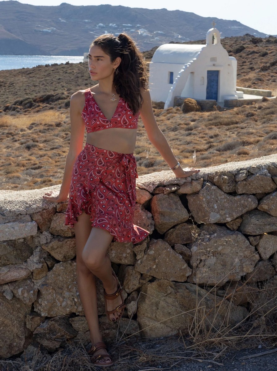 Emmanuela Swimwear Γυναικείο Μπικίνι xωρίς Ενίσχυση με Μπαντάνα Σχέδιο σε Κόκκινο φωτογραφία