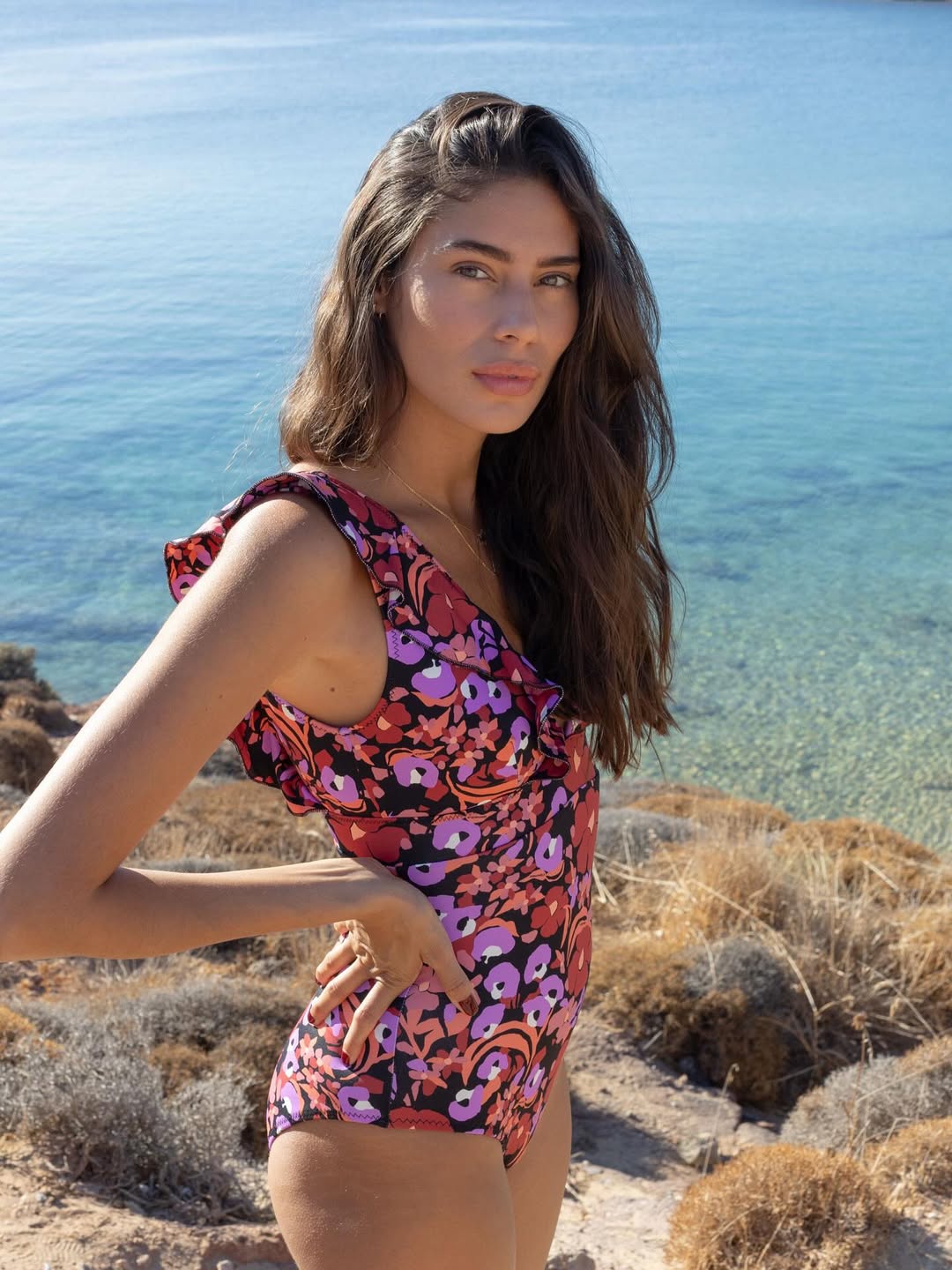 Emmanuela Swimwear Emmanuela Swimwear Γυναικείο Ολόσωμο Μαγιό με Βολάν Floral σε Εμπριμέ Ροζ