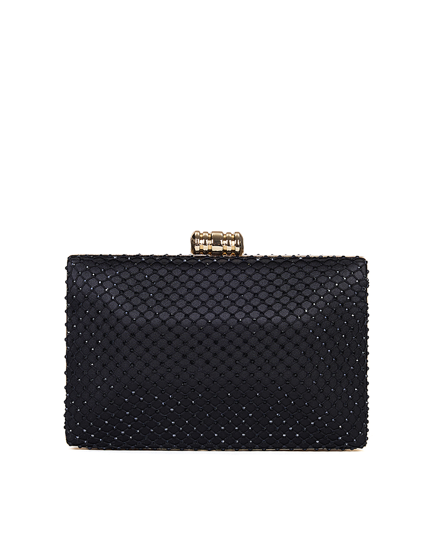 Lady Diva Γυναικείο Σατέν Τσαντάκι Clutch Ώμου/Χειρός με Strass & Metal σε Μαύρο