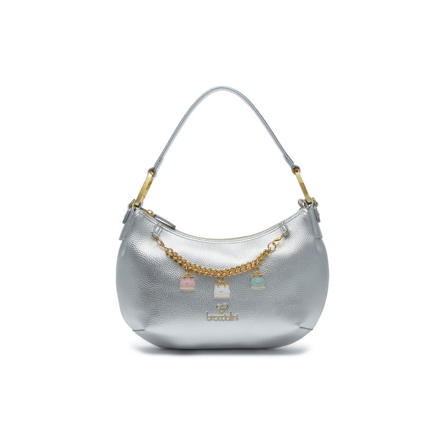 Braccialini Γυναικεία Τσάντα Beth Ημικυκλική με Μονό Χερούλι & Αποσπώμενο Λουράκι Ασημί