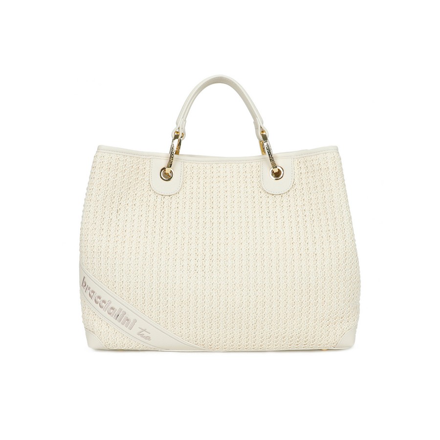 Braccialini Braccialini Γυναικεία Τσάντα από Λευκό Ψαθωτό Ραφί Μπλεγμένο με Διπλά Χερούλια & Αποσπώμενο Λουράκι