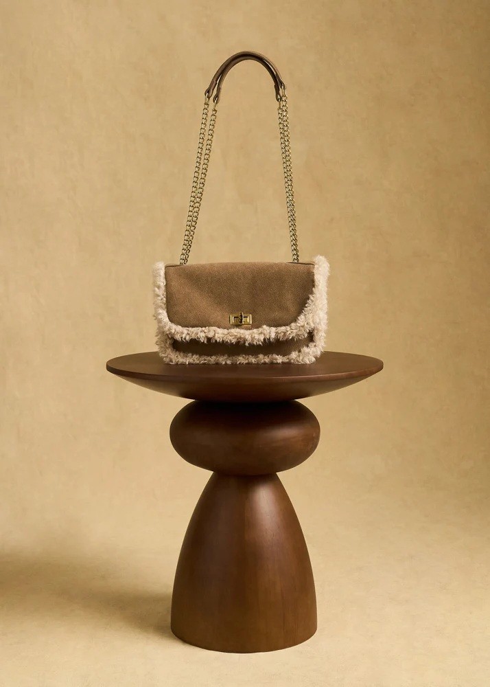 Nali Γυναικεία Καμηλό Τσάντα Ώμου με Shearling Λεπτομέρειες και Αλυσίδα Ώμου Για All-Day Εμφανίσεις
