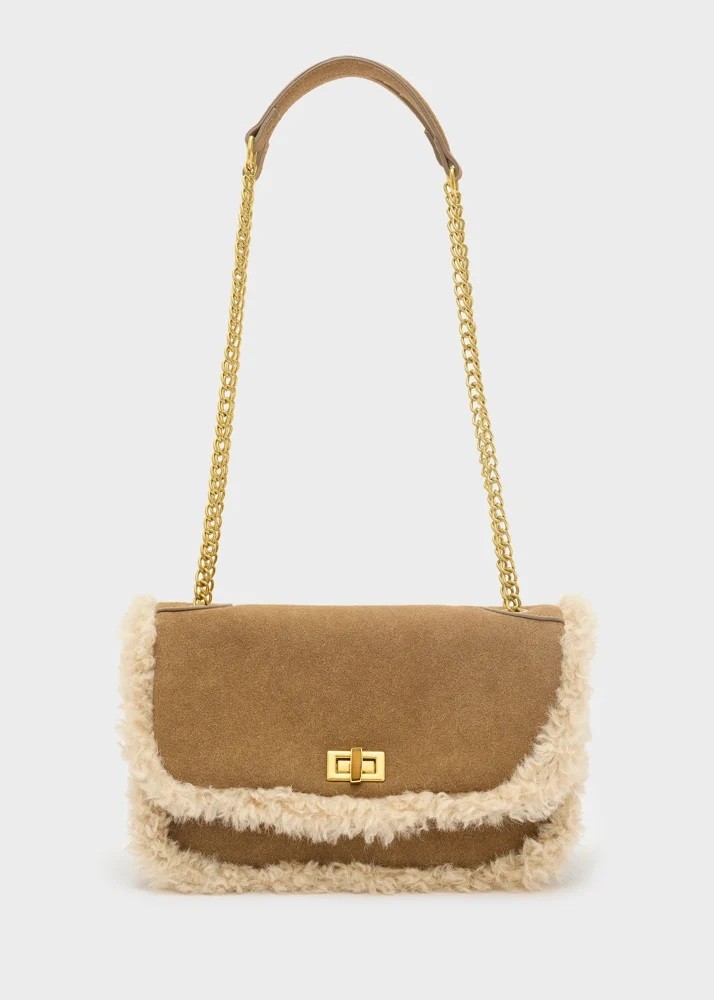 Nali Γυναικεία Καμηλό Τσάντα Ώμου με Shearling Λεπτομέρειες και Αλυσίδα Ώμου Για All-Day Εμφανίσεις