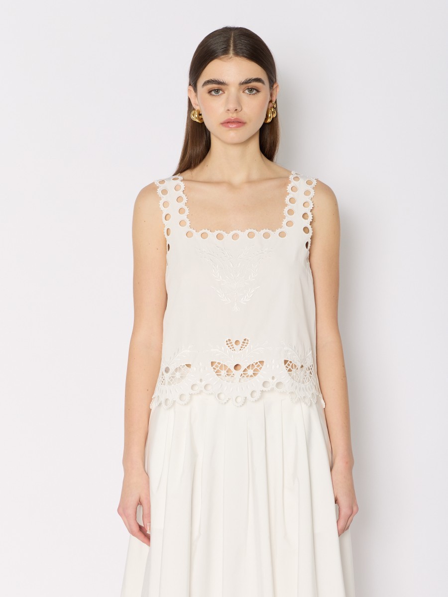 Berenice Berenice Γυναικείο Τοπ Regular Fit Κοντό Με Τετράγωνη Λαιμόκοψη Και Αγγλική Κεντητή Διακόσμηση White