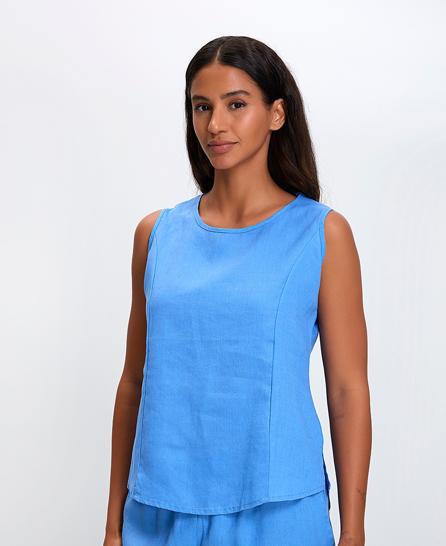 Γυναικεία Αμάνικη Μπλούζα Λινή Regular Fit σε Μπλε