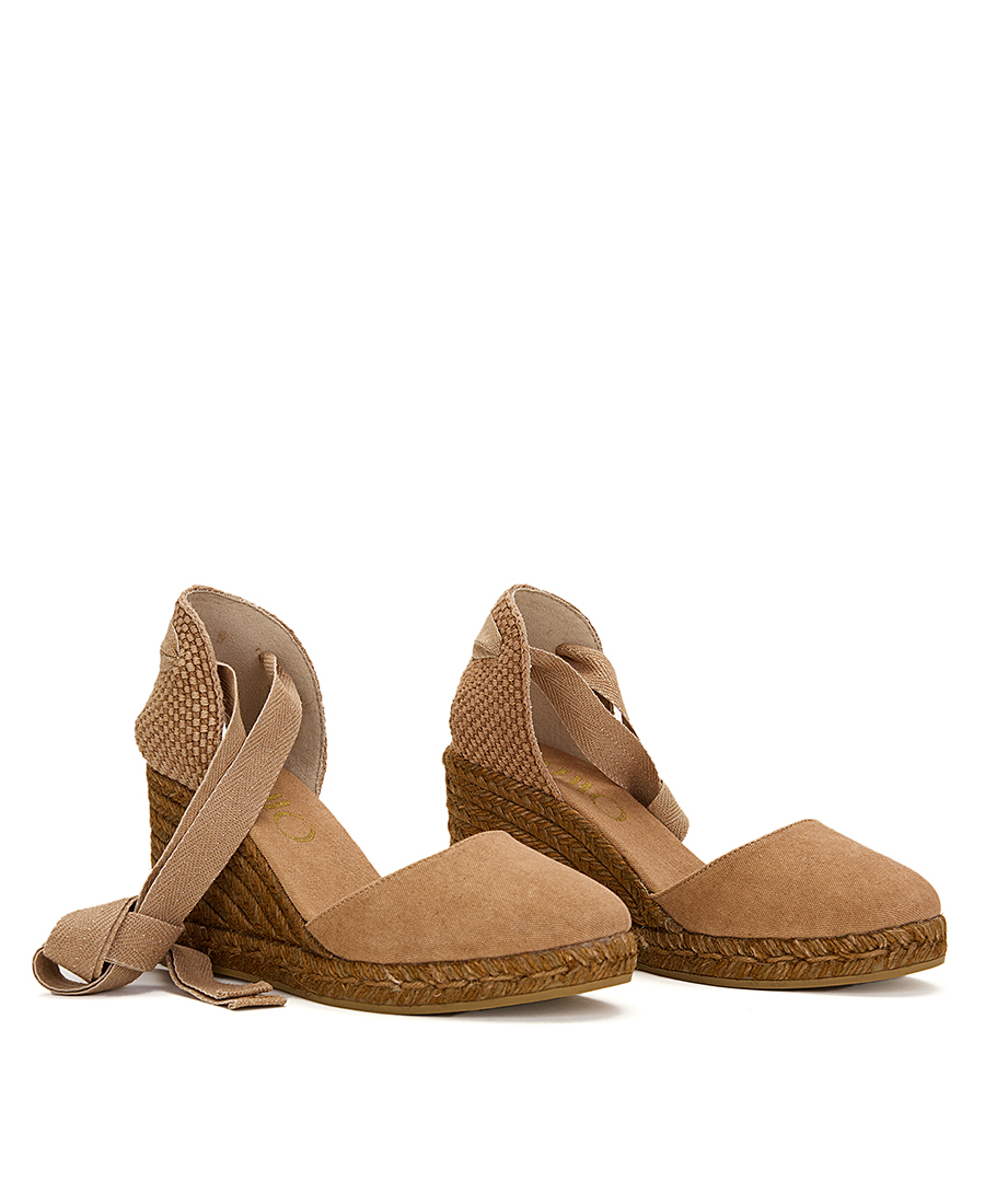 Open Wedge Espadrille in Cotton με Κορδέλες σε Καμηλό φωτογραφία