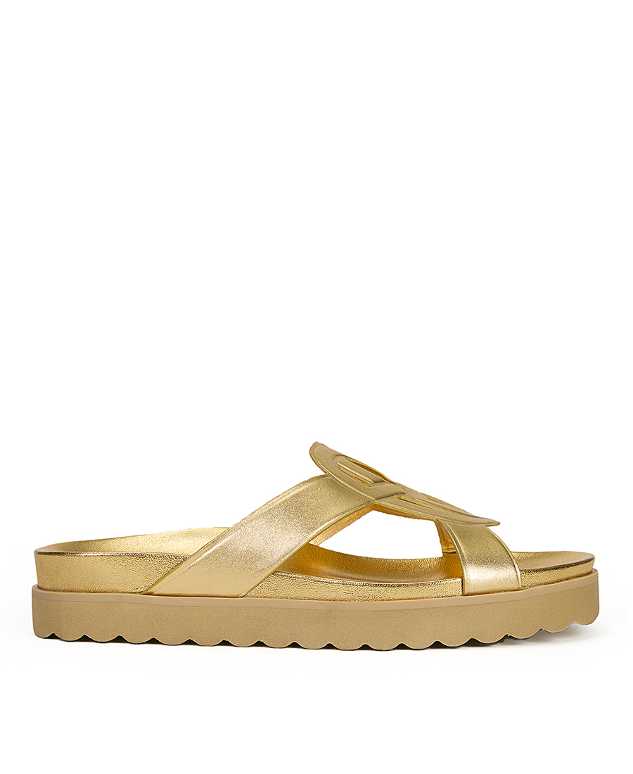 Schutz Schutz Γυναικείο Σανδάλι Flat Δερμάτινο με Cut-Out Λεπτομέρεια σε Μεταλλιζέ Χρυσό