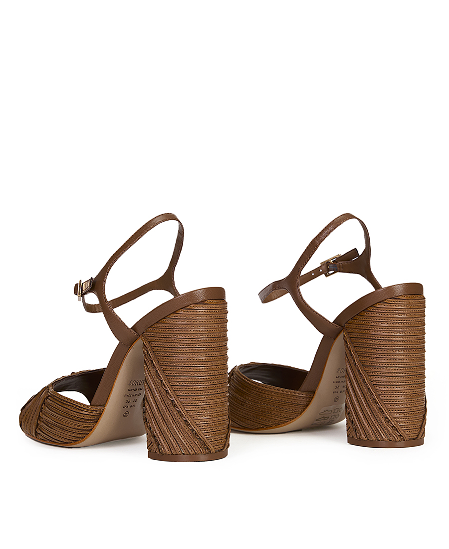 Γυναικείο Ψηλοτάκουνο Πέδιλο Δερμάτινο με Ανάγλυφη Ύφανση Σχοινιού σε Καφέ φωτογραφία