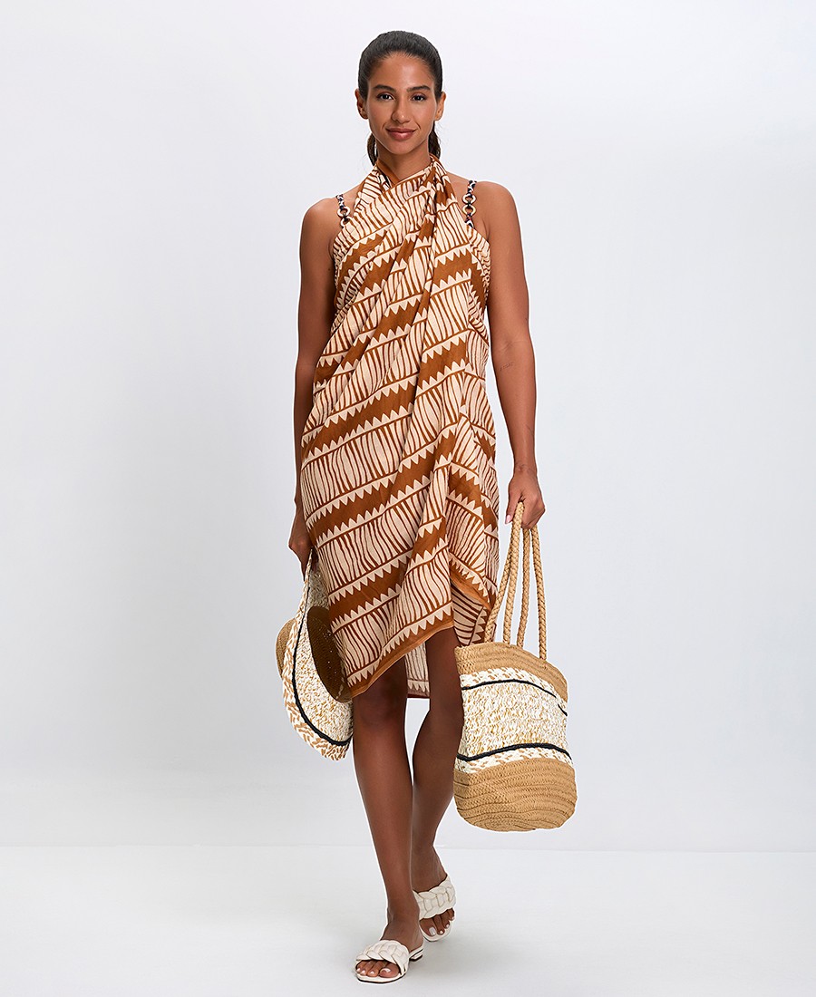 Γυναικείο Καλοκαιρινό Παρεό Βαμβακερό με Έθνικ Μοτίβο σε Γήινους Τόνους φωτογραφία