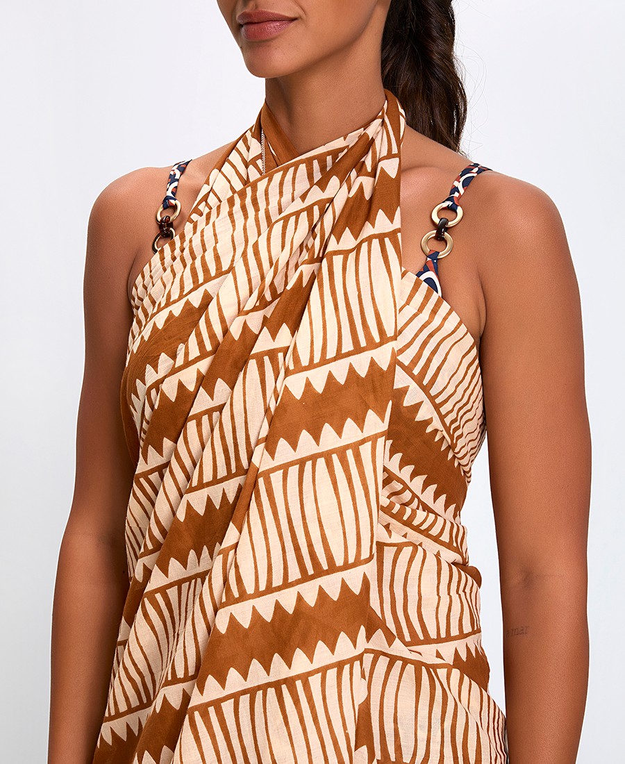 Γυναικείο Καλοκαιρινό Παρεό Βαμβακερό με Έθνικ Μοτίβο σε Γήινους Τόνους φωτογραφία