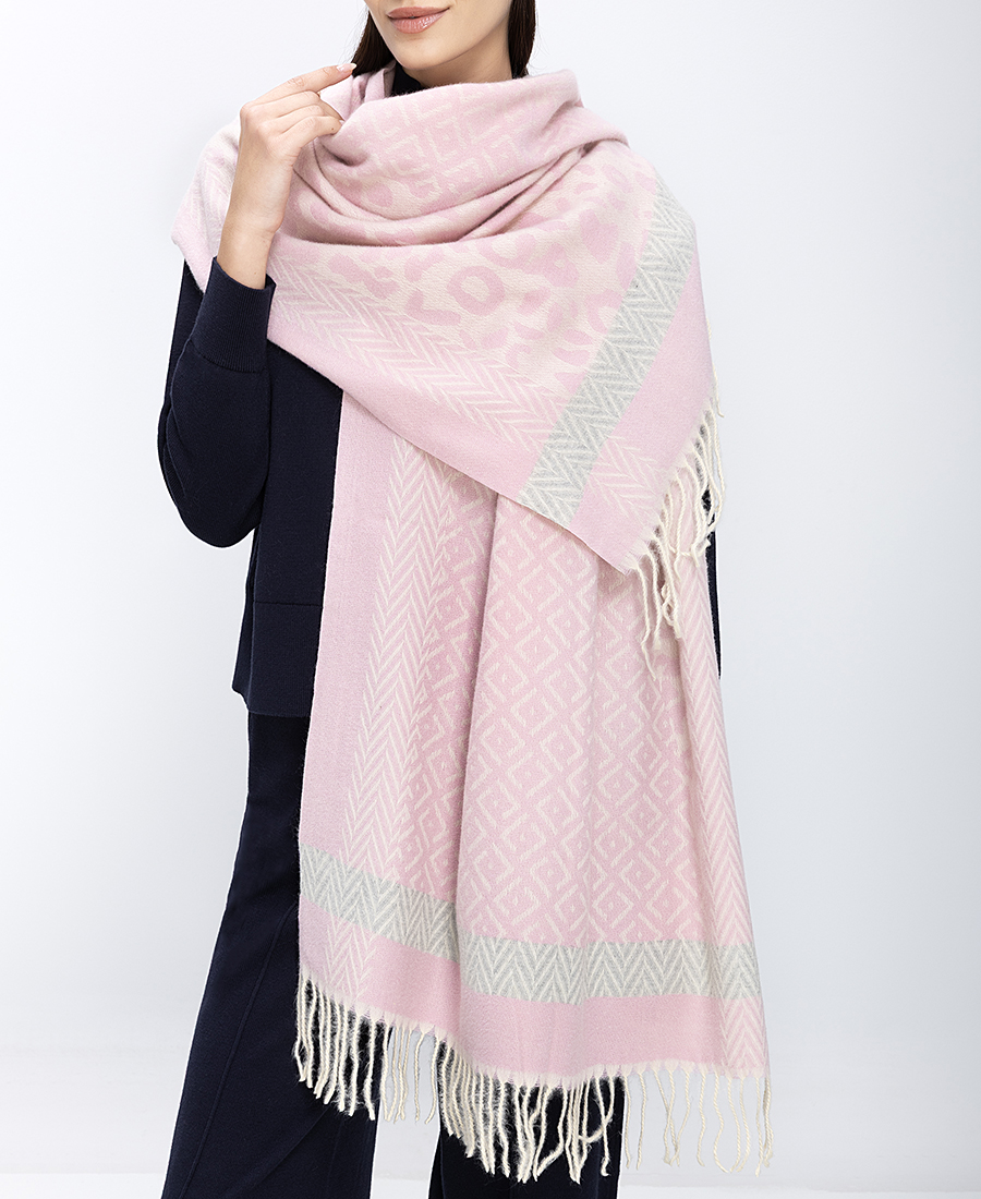 Γυναικείο Κασκόλ Με Κρόσσια Και Ροζ Μοτίβο φωτογραφία