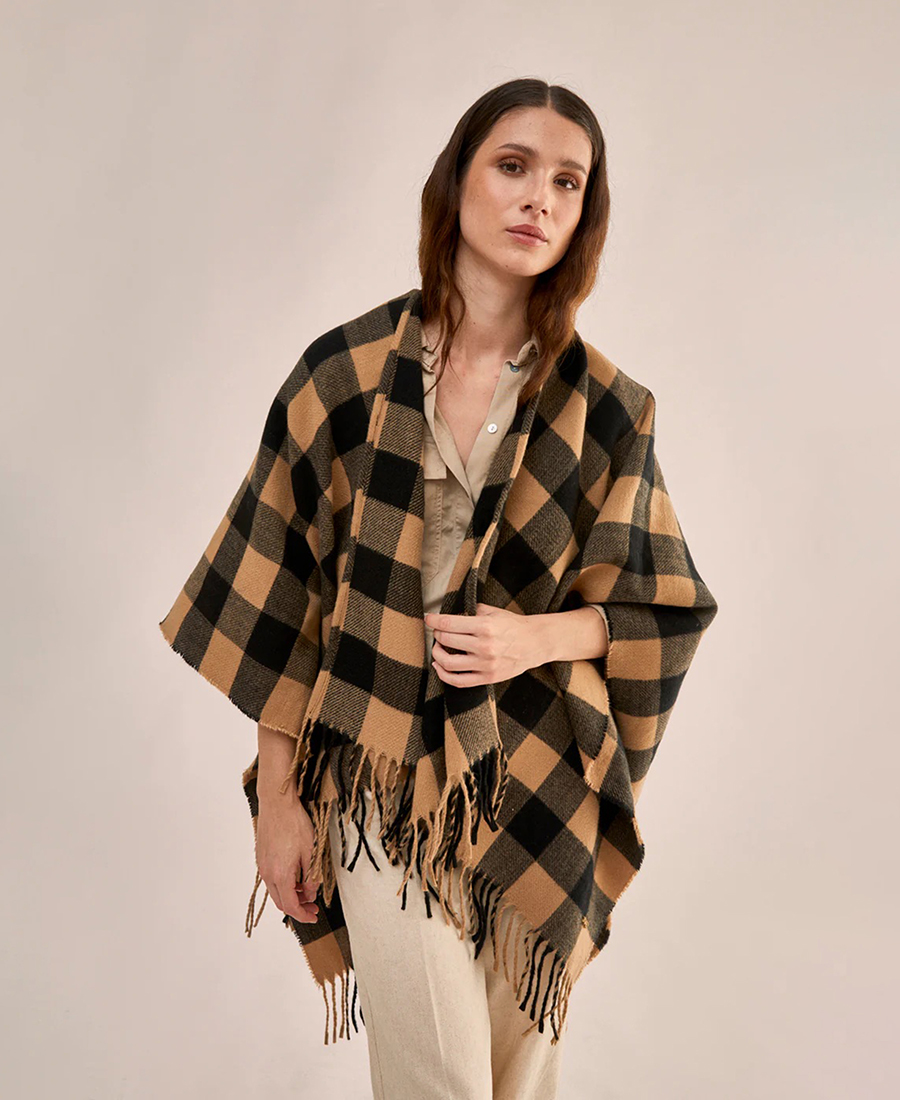 Nali Nali Γυναικεία Κάπα Καρό Oversized Σχέδιο Καρό Μπεζ