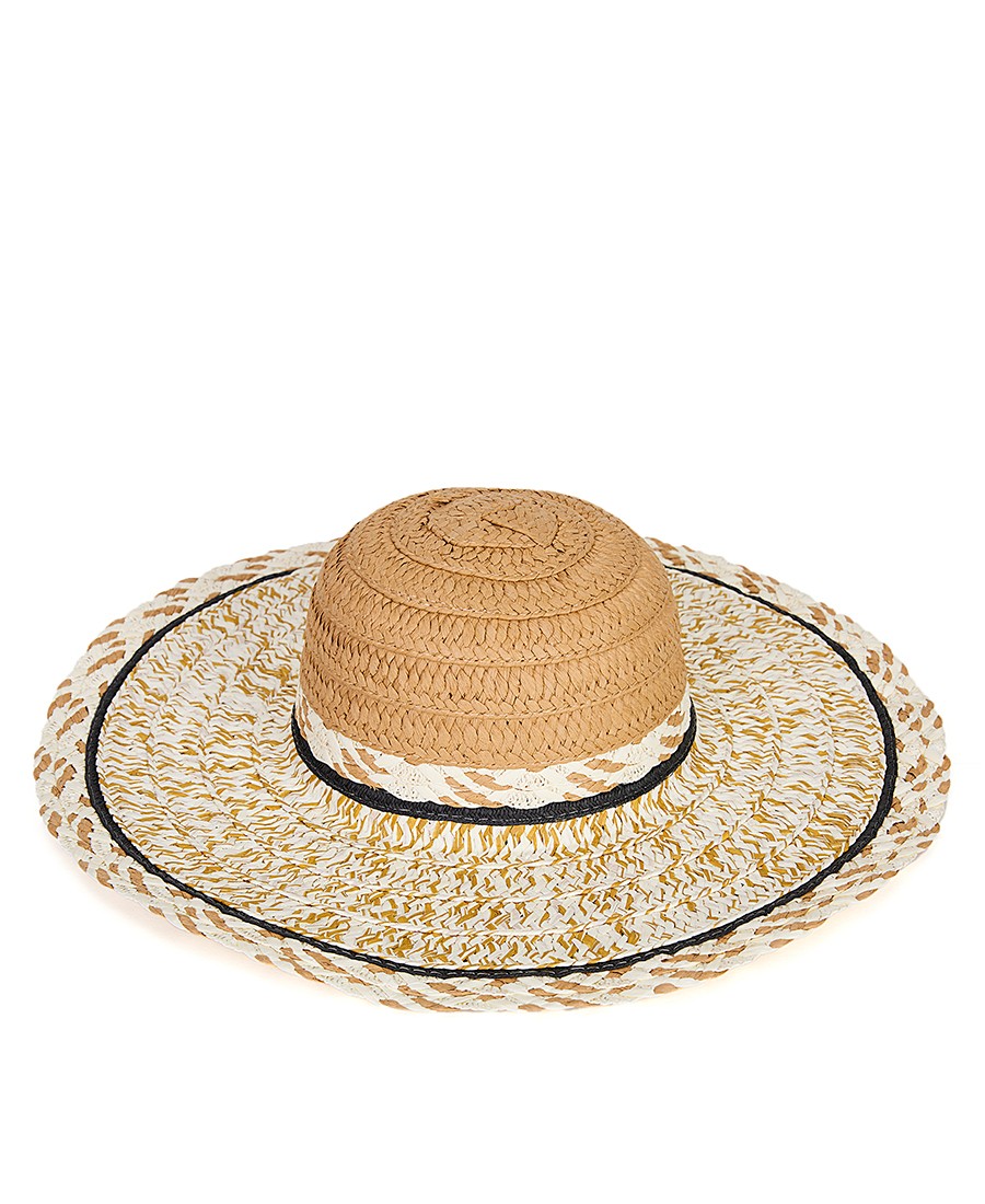 Γυναικείο Καπέλο Πλατύγυρο Ψάθινο με Δίχρωμο Σχέδιο και Διακοσμητική Πλεξούδα φωτογραφία