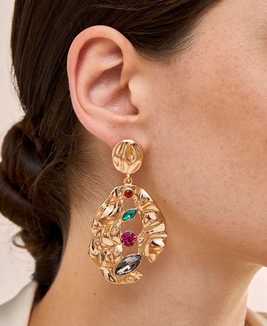 Γυναικεία Μακριά Σκουλαρίκια Σφυρήλατο Χρυσό με Χρωματιστές Πέτρες φωτογραφία