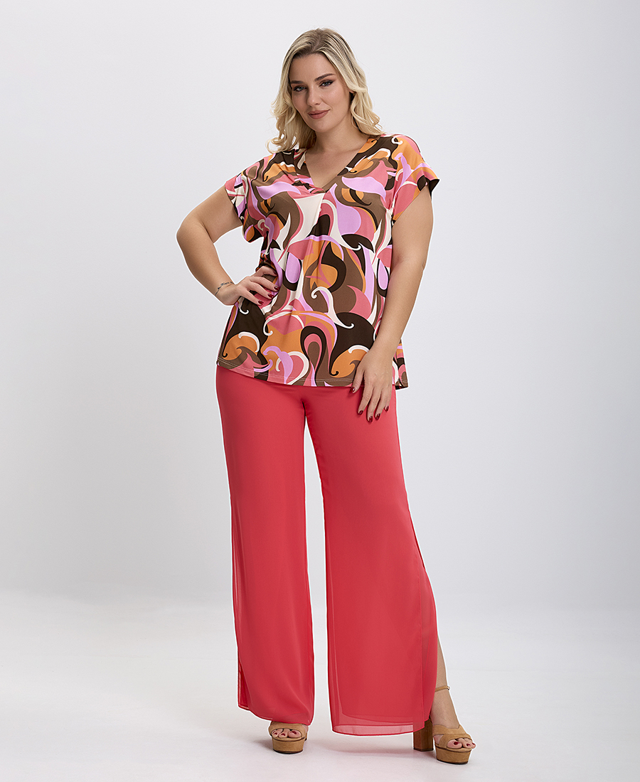 PLUS SIZE - Retro Printed Τοπ σε Ροζ Εμπριμέ φωτογραφία