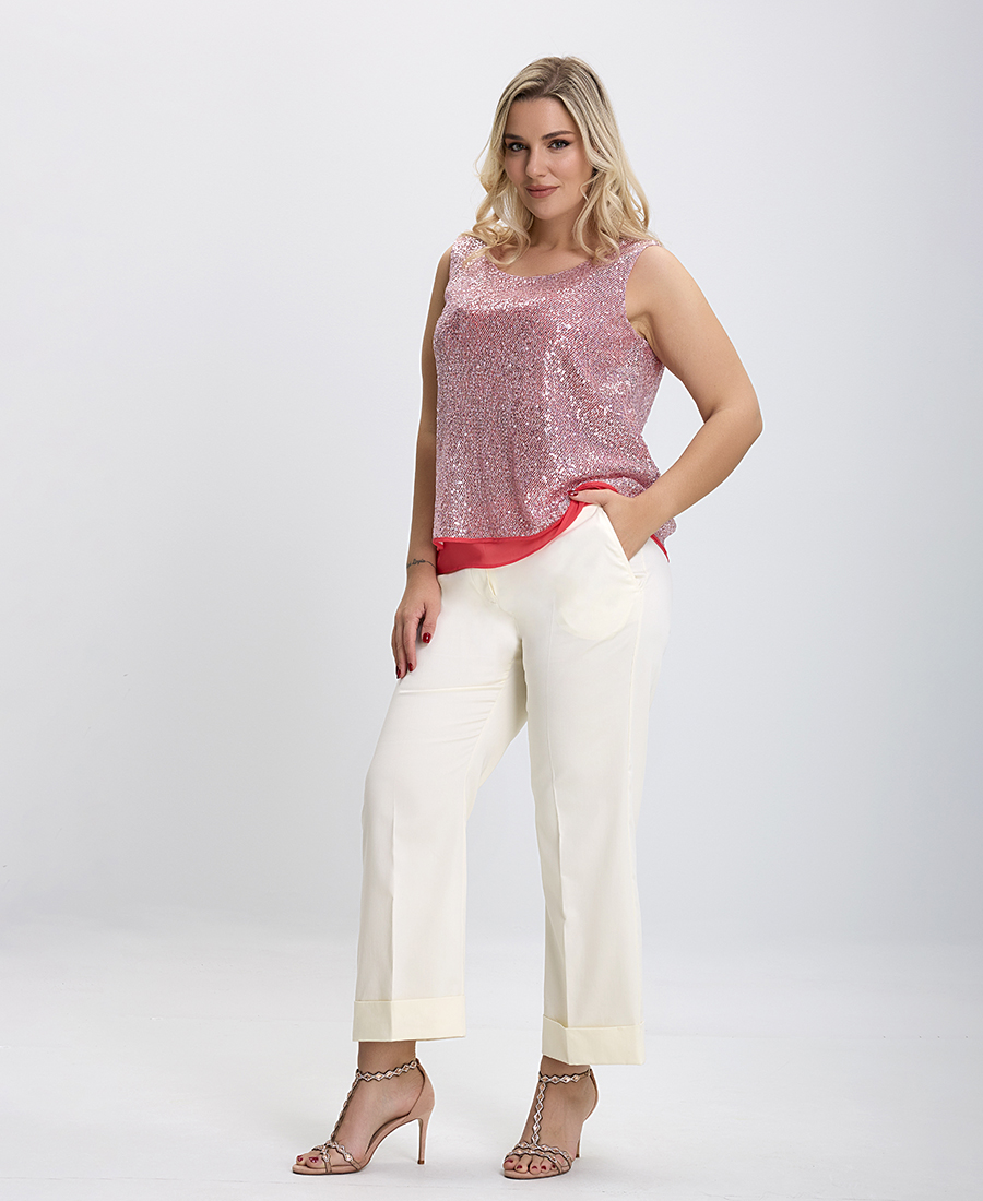 PLUS SIZE - Παντελόνι με Σατέν Κόψιμο σε Εκρού φωτογραφία