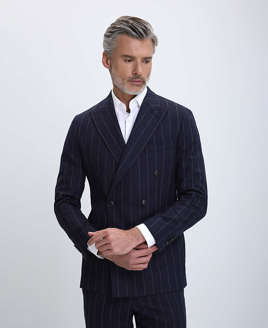 HD x Vardas Κοστούμι με Σταυρωτό Σακάκι Modern Fit σε Μπλε Ρίγα φωτογραφία