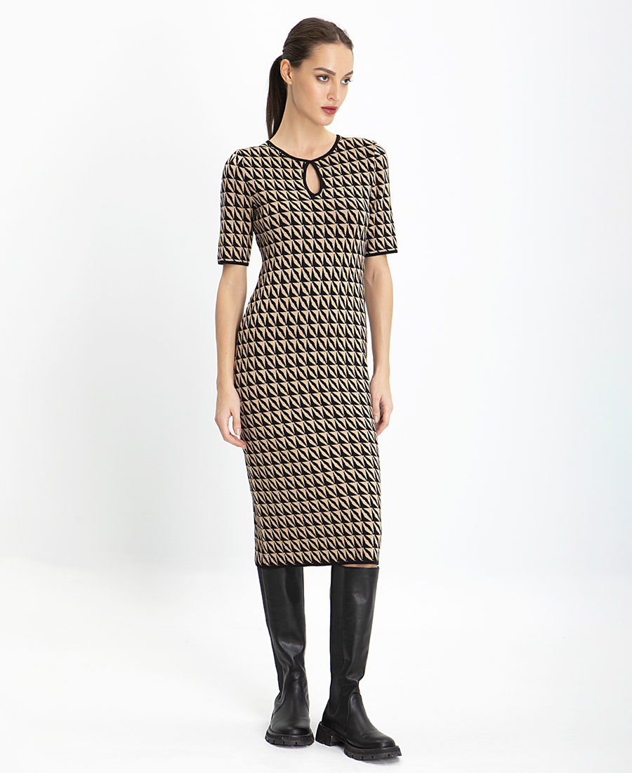 Allegra Carmine Geometrical Printed Φόρεμα σε Μπεζ Εμπριμέ