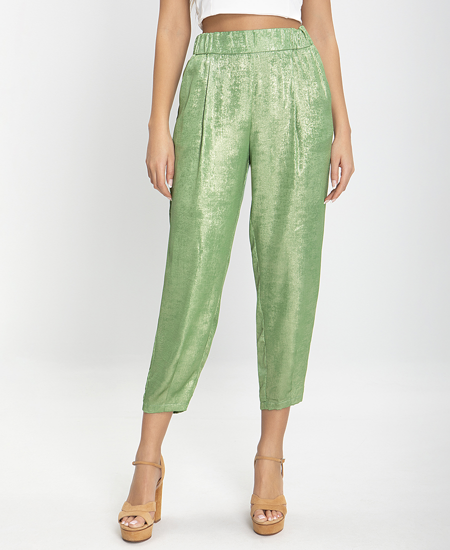 Laura Donini Παντελόνι Crop Μεταλιζέ σε Πράσινο Ανοιχτό