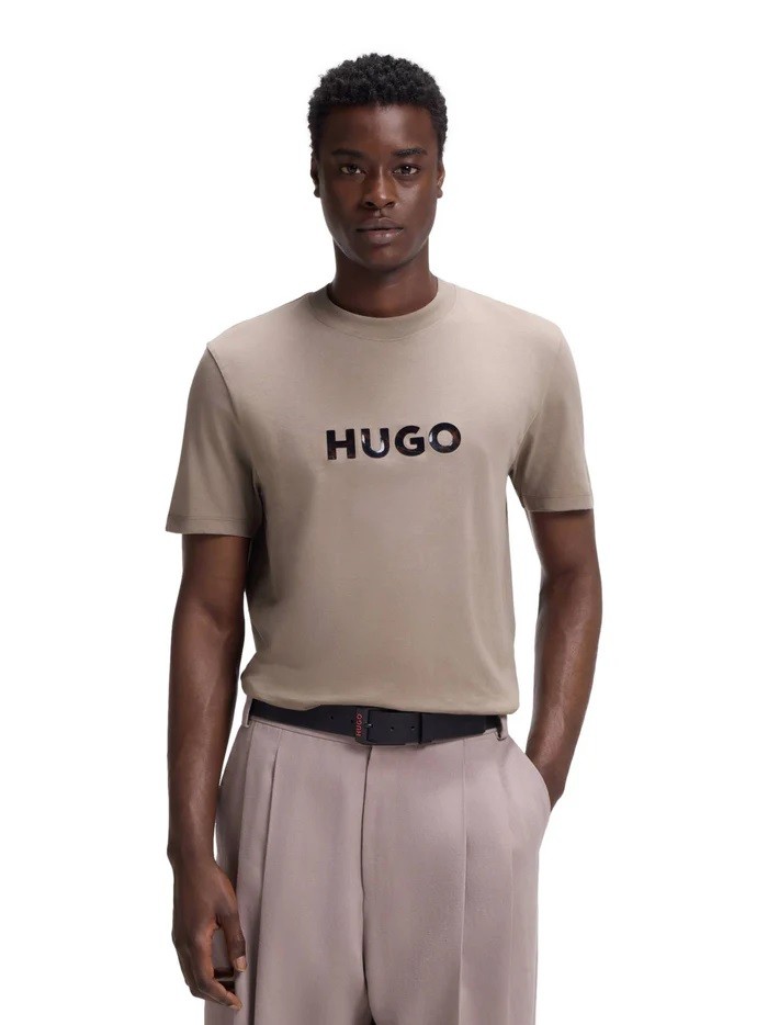 Hugo Ανδρικό T-Shirt Regular Fit Με Γυαλιστερό Logo Σε Εφέ Ταρταρούγας