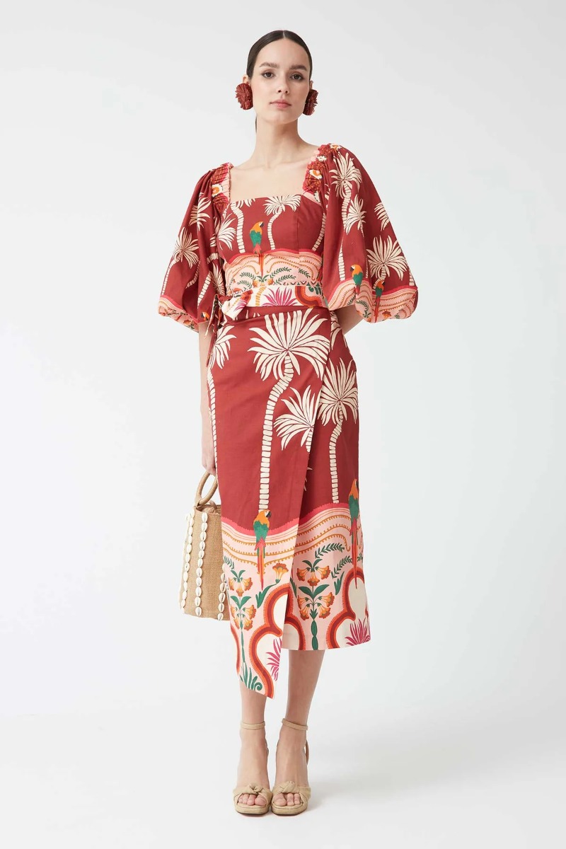 Γυναικεία Φούστα Midi με Κρουαζέ Κόψιμο και Τροπικό Μοτίβο φωτογραφία